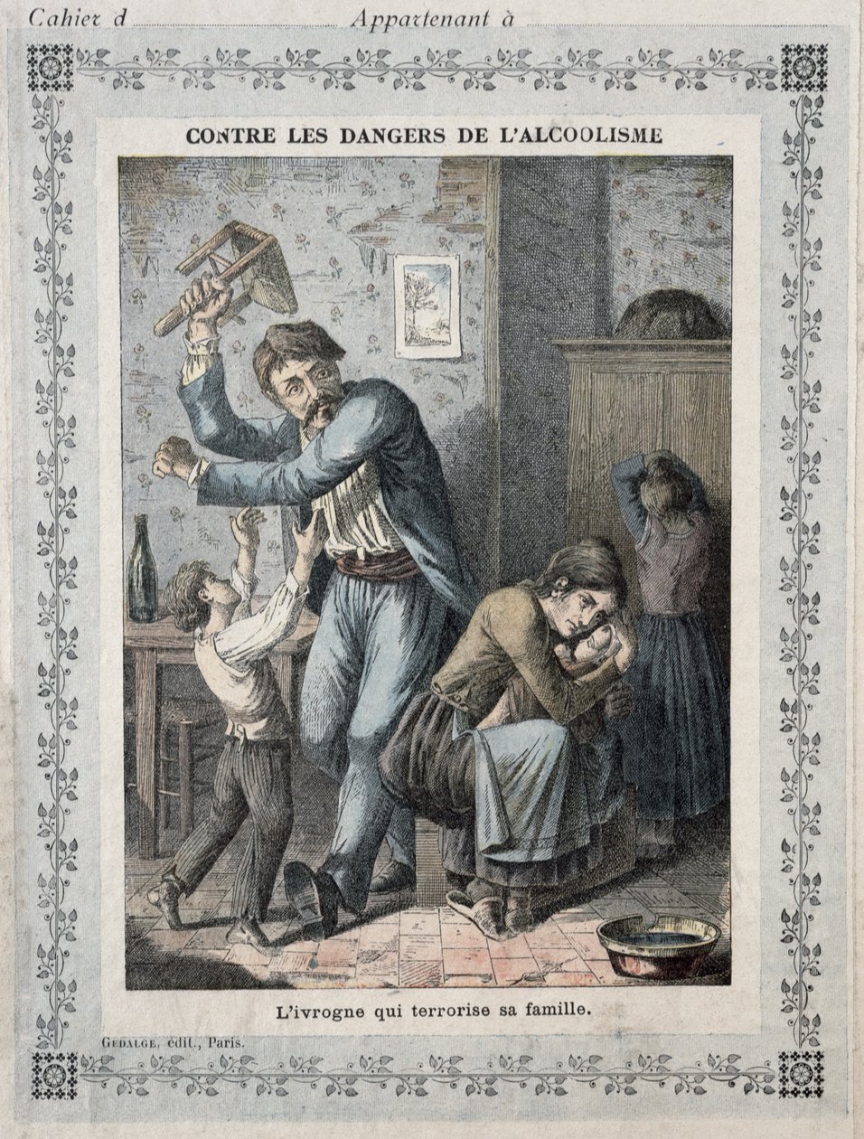 Részeg terrorizálja a családját, egy iskolai füzet borítója. 1900 körül alkotó: French School