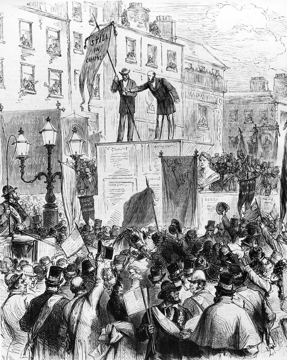 Dublin – Daniel OConnell születésének századik évfordulójának megünneplése: Sullivan képviselő úr, a Le Monde Illustré-ből, 1875-ből összehívja az embereket a Sackville Streeten alkotó: French School