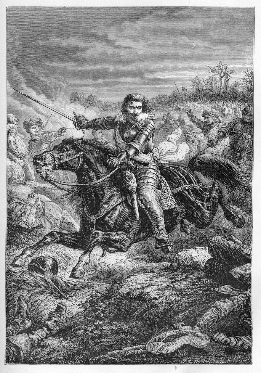 II. Henrik Montmorency (Montmorenci) herceg (1595-1632) a Castelnaudary-i csatában 1632-ben - Montmorency hercege. Harcok Castelnaudaryban – metszet a „L