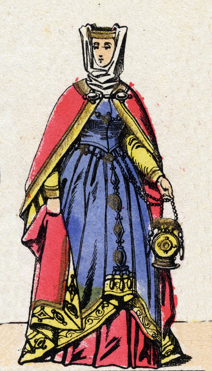 A Capetians-dinasztia: Aragóniai Izabella (1247-1271), francia királynő, Hardiként ismert III. Fülöp (1245-1285) felesége portréja. Epinális képalkotás a 19. század végéről. Magángyűjtemény. alkotó: French School