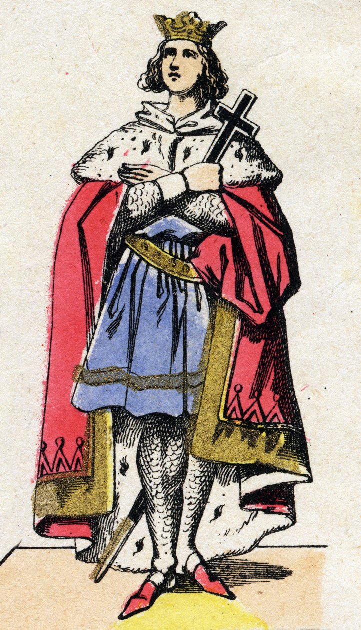 A Capetians-dinasztia: IX. Lajos francia (1214-1270) frankok királyának portréja 1226-tól 1270-ig. Epinális képalkotás a 19. század végéről. Magángyűjtemény. alkotó: French School