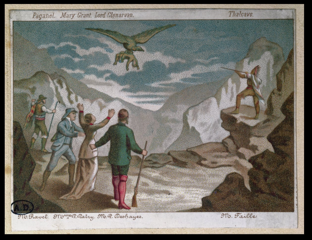 Eagle Carrying a Child Away, matrica, amely Jules Verne „Grant kapitány gyermekei” című regényéből készült színdarabot illusztrálja (színes litó) (163140 részlet) alkotó: French School