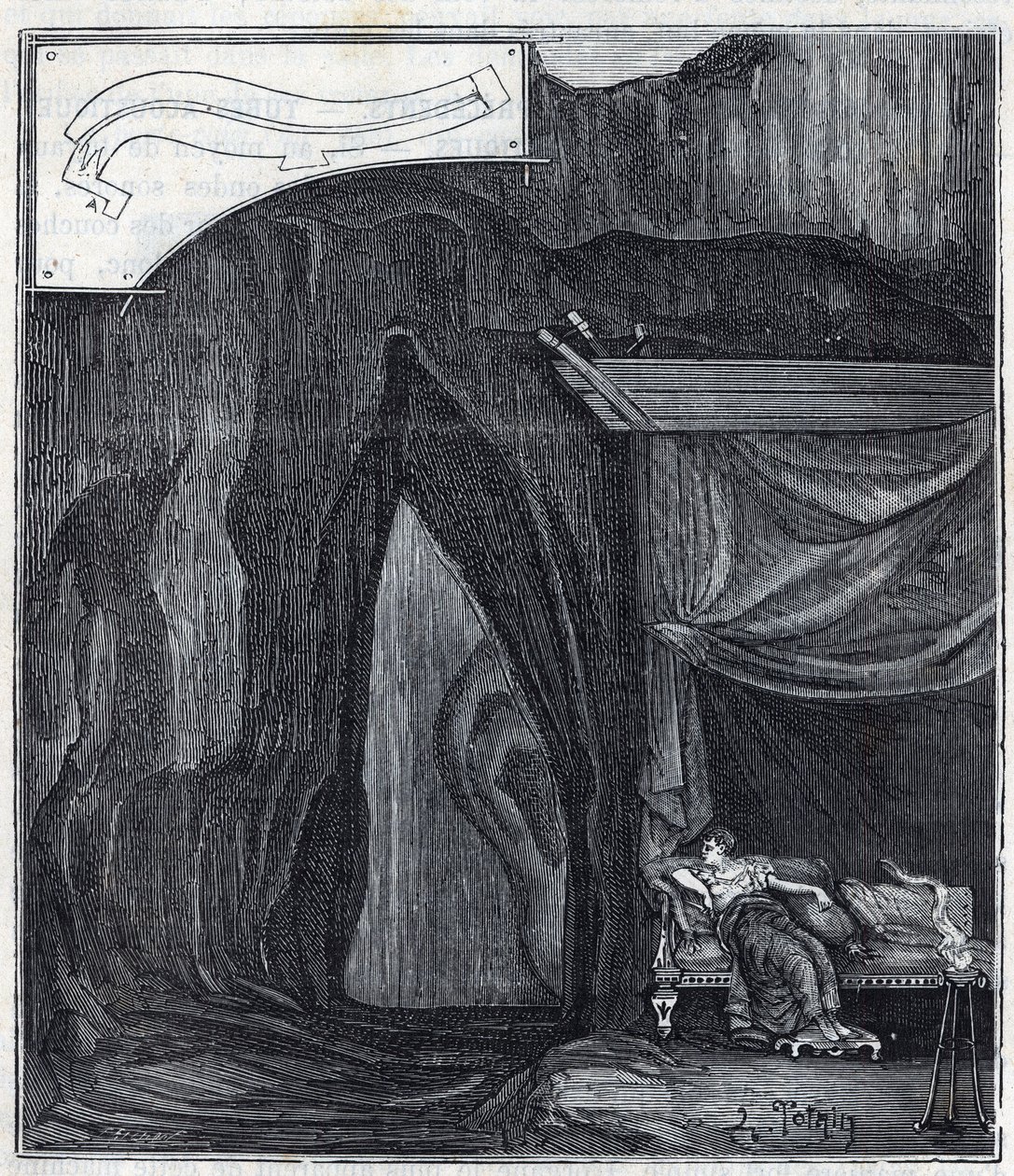 Dionysius füle – Orecchio di Dionisio (Orecchio di Dionigi) – A Dénes füleként ismert barlang belseje Syracuse-ban – Vésés a „” Tudományok mindenek előtt – fizika és kémia” című részében, Alexis Clerc – 19. vége század. Privát co alkotó: French School