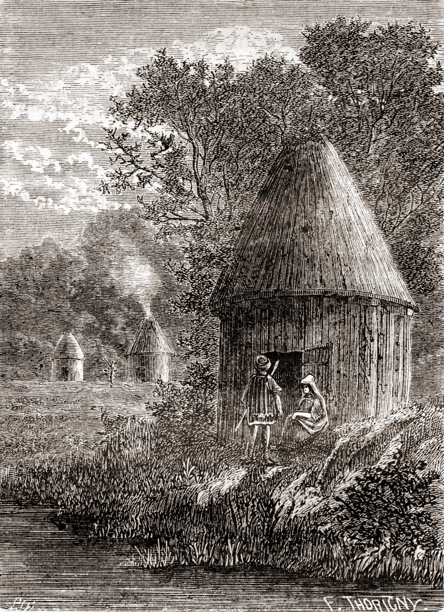 Korai gall házak, kerek kabin lyukkal a tetőn, hogy a tűz füstje eltávozzon, a „Les Merveilles de la Science”-ből, 1870 körül (metszet) alkotó: French School
