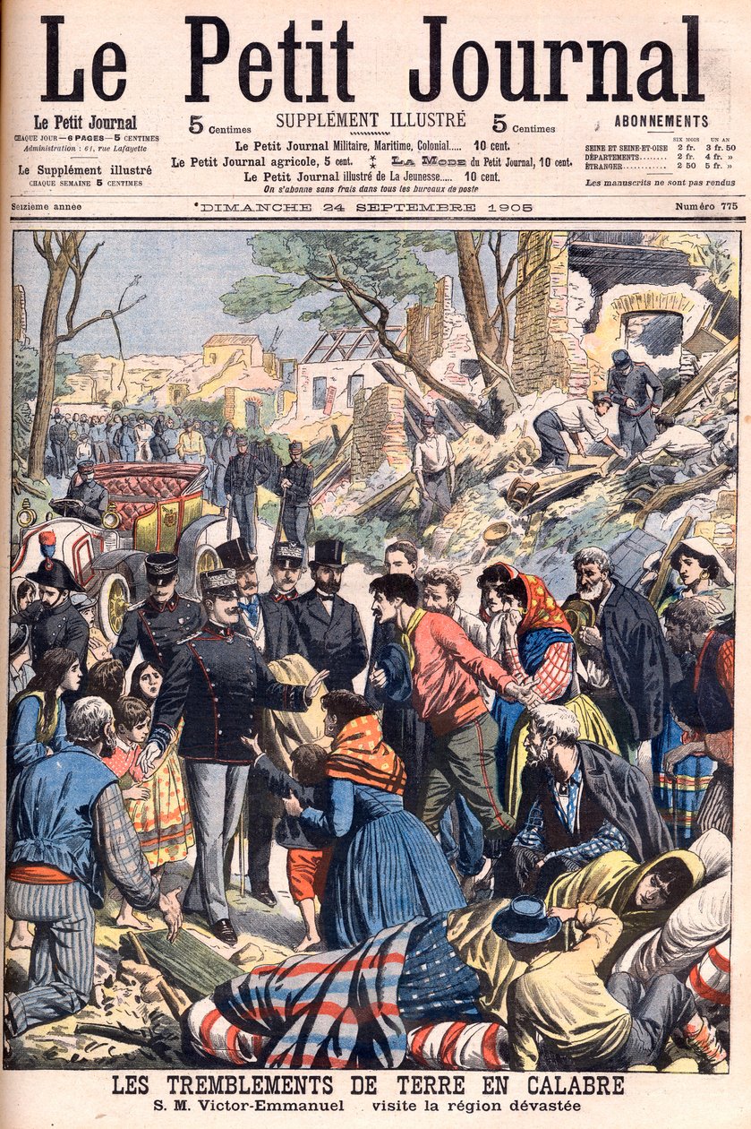 Földrengés Calabriában, Olaszországban. III. Viktor Emmánuel király látogatást tesz a pusztított régiókban. Földrengések Calabriában. SM Victor-Emmanuel ellátogat a pusztított régióba. Illusztráció a Le petit Journalhoz, 1905. szeptember 24. Victor Emmanue alkotó: French School