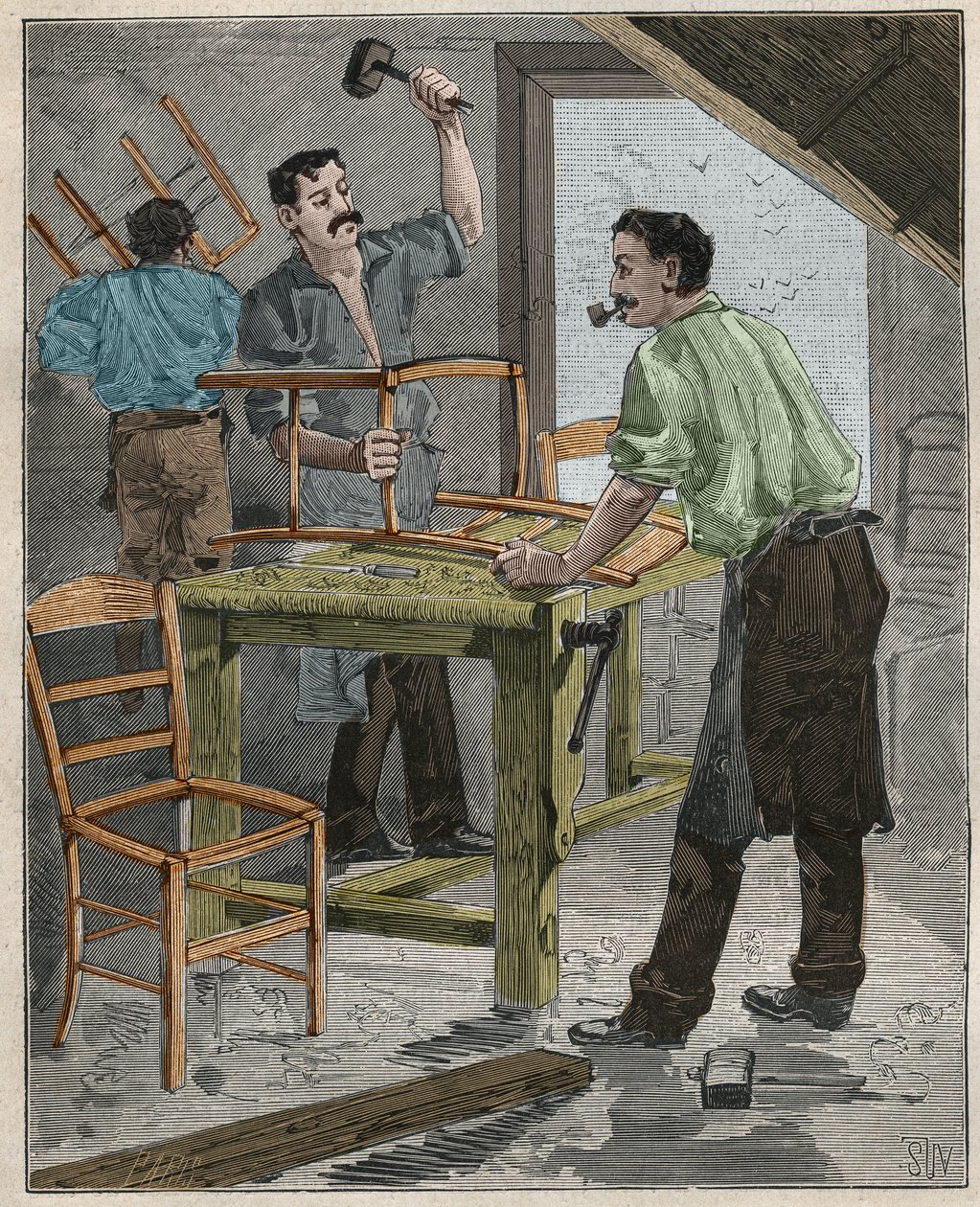 Ebenisterie: székek összeszerelése a 19. században Franciaországban. Metszet 1885-ből Adolphe BITARD „Les arts et metiers illustres” című könyvében. alkotó: French School