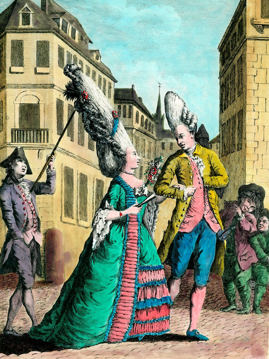 Különc frizurák a 18. században: a francia nő a sétán. 18. századi metszet. Magángyűjtemény. alkotó: French School
