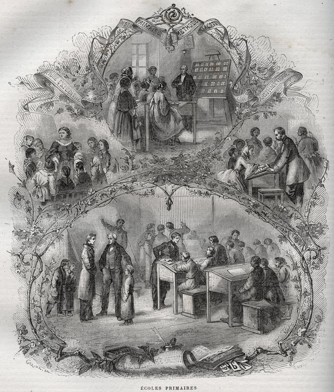 Általános iskolák Franciaországban a 19. században - metszet - Maurice La Charest új nemzeti enciklopédiája - 1870 - alkotó: French School