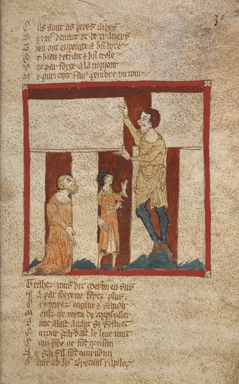 Egerton 3028, f.30 Stonehenge épülete. A Stonehenge Merlin segítségével épült, a 14. század közepén alkotó: French School