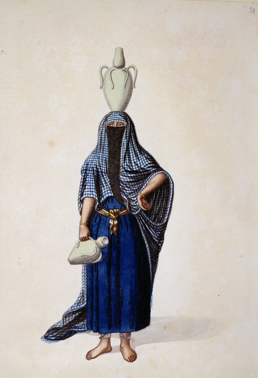 Egyiptomi nő, aki egy ibrik vizesedényt cipel, valószínűleg Cousinery, oszmán korszak, 18. század harmadik negyede (wc papíron) alkotó: French School