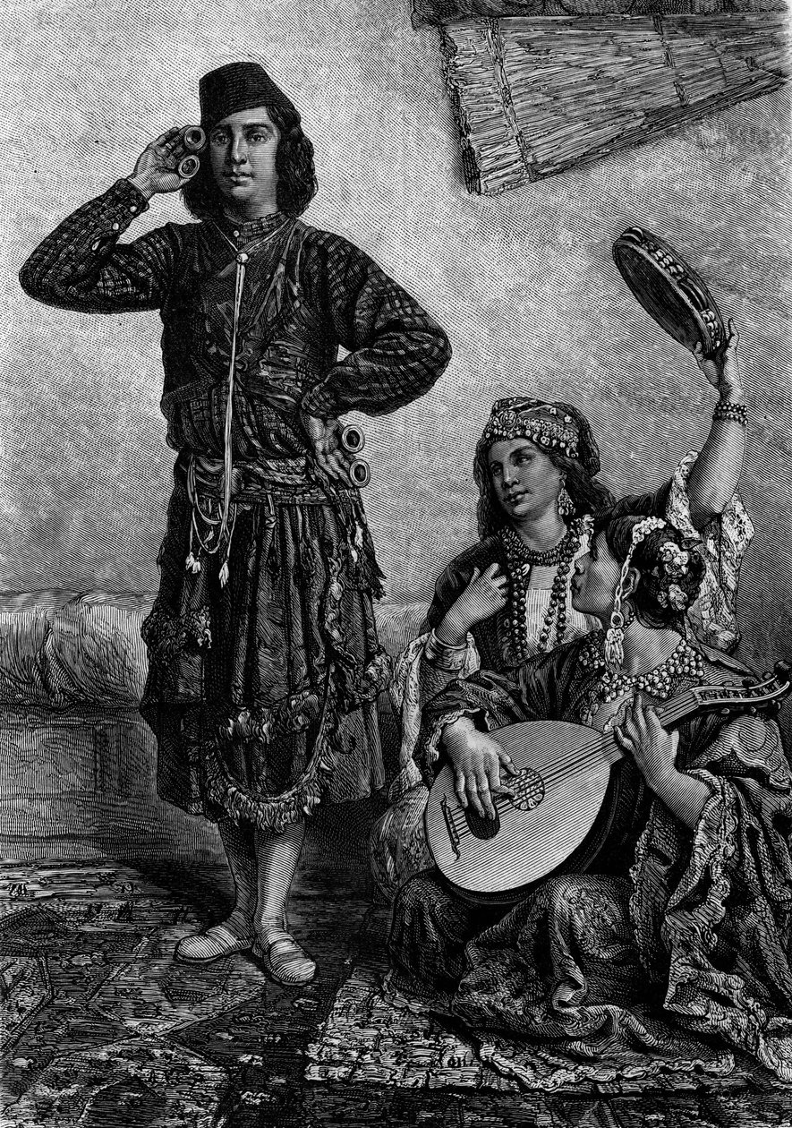 Egyiptomi zenészek és táncosok. Az ember cintányérokat tart az ujjai között. Metszet a „” Le Journal de la jeunesse”-be alkotó: French School