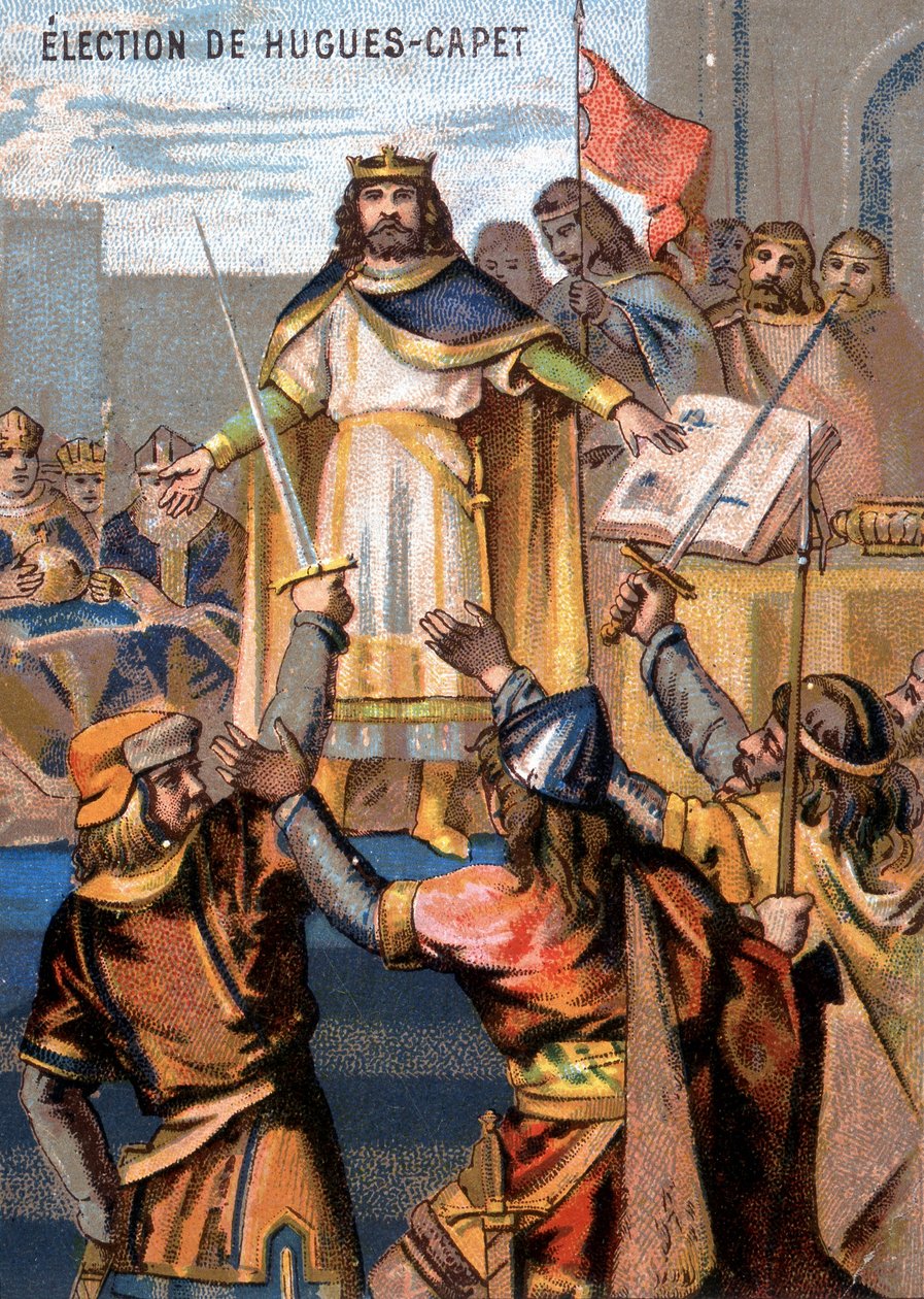 Hugues-Capet (987) királlyá választása. A „Hazafias nevelés képen keresztül” sorozat kromolitográfiája. alkotó: French School