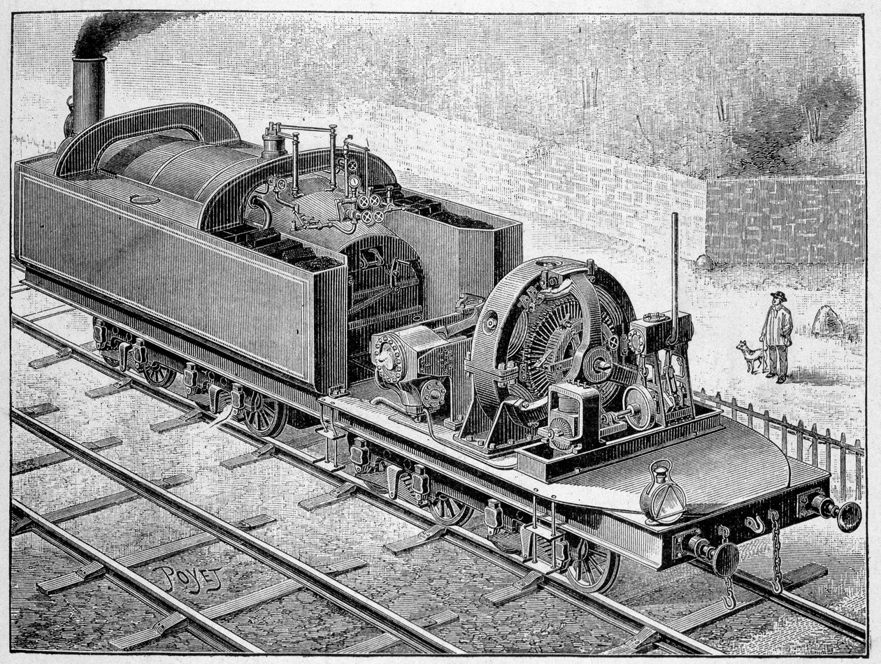 Heilmann elektromos mozdony - a Tudományos albumban; jeles tudósok; Nagy felfedezések””” 1896. alkotó: French School