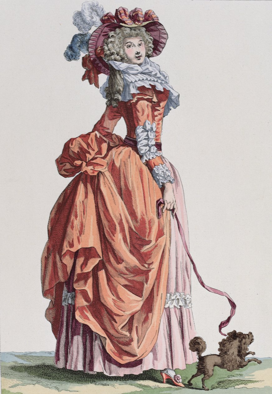 Elegáns nő kutyusával, divattányér a Galerie des Modes et Costumes Francais-tól, Bacquoy gravírozása (színes gravírozás) alkotó: French School