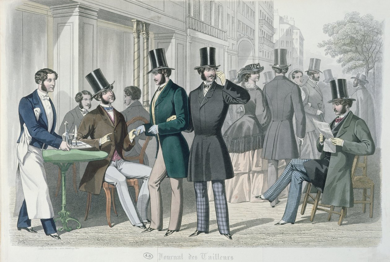 Elegáns fiatal férfiak egy kávézó teraszán, 1857 (színes metszet) alkotó: French School