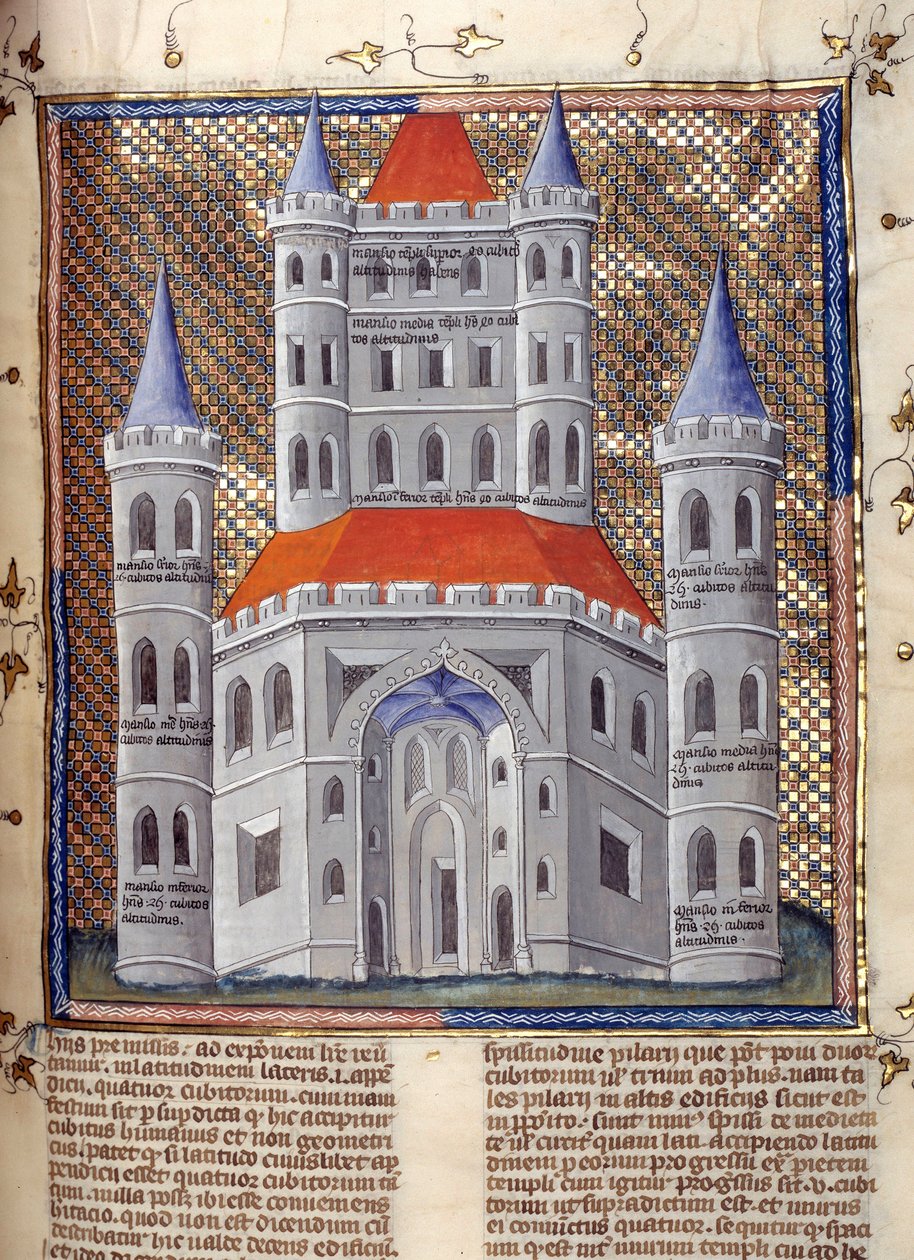 A jeruzsálemi Salamon-templom homlokzatának magaslata Miniatűr a Lyrai Miklós "A Biblia megjegyzései"-ből (13. század) 14. század Cambrai, városi könyvtár alkotó: French School
