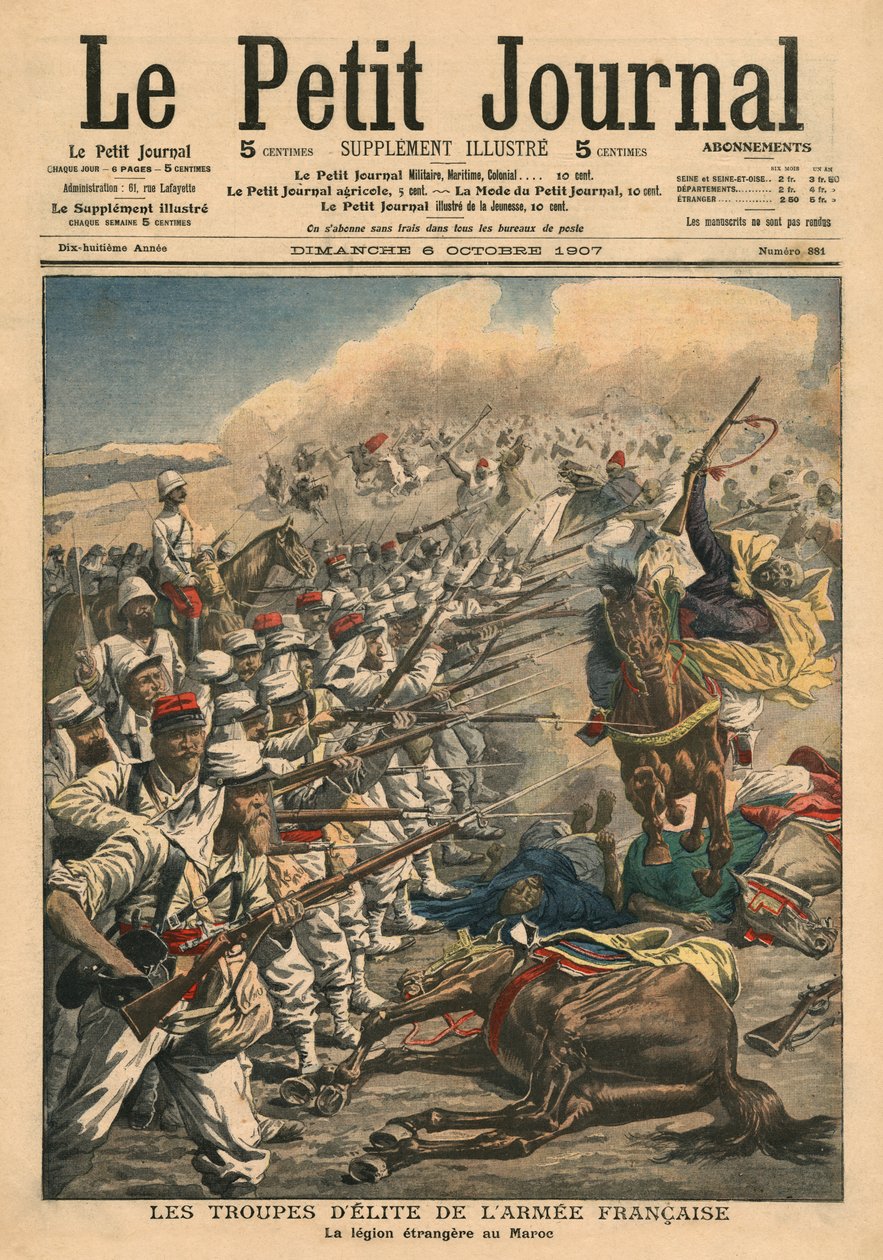 A francia hadsereg elit csapatai, a francia idegenlégió Marokkóban, illusztráció a „Le Petit Journal”-ból, mellékelt illusztráció, 1907. október 6. alkotó: French School