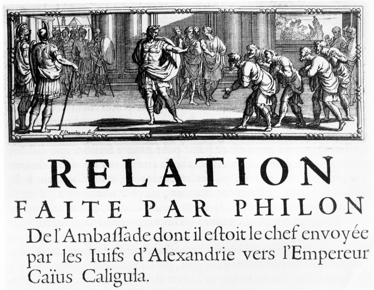 Philón nagykövetsége Gaius Caligula római császárhoz, a fejezet fejlécei illusztrációja A zsidók rómaiak elleni háborújának története, Flavius ​​​​Josephus, Párizsban, 1688. alkotó: French School