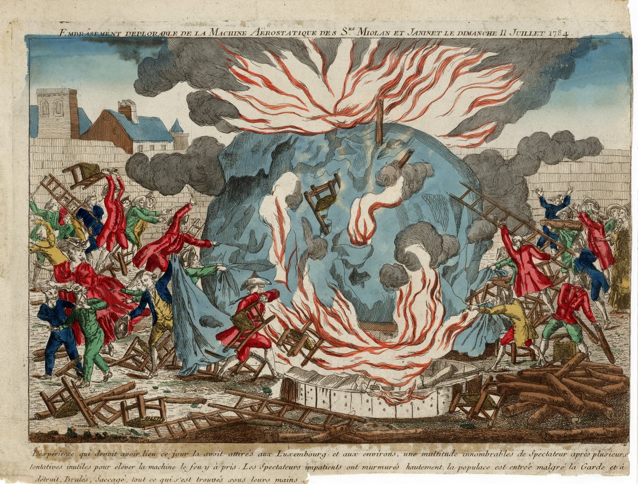 Sajnálatos tűzvész az Srs. aerosztatikus gépében. Miollan és Janinet vasárnap 1784. július 11-én. pub. 1784 (kézzel színezett metszet) alkotó: French School