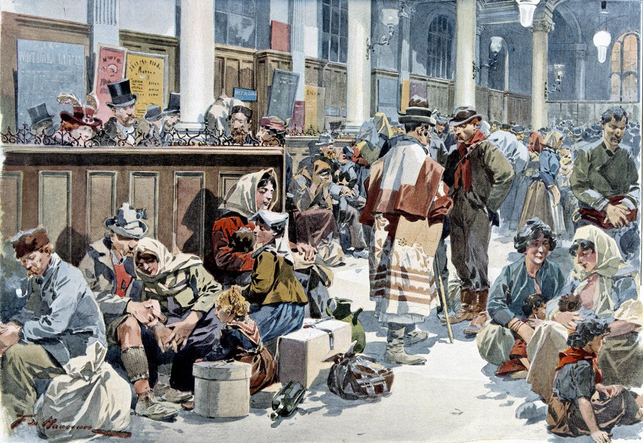 A párizsi St Lazare (Saint Lazare) (Saint Lazare) vasútállomás mellett elhaladó emigránsok útban Amerikába, 19. század vége alkotó: French School