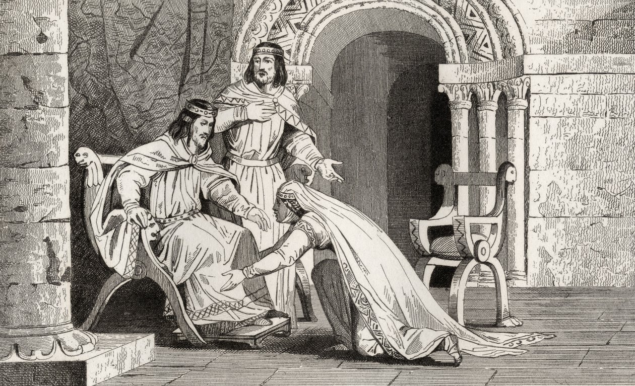 Emme megcsókolja férje, Raoul (†936) térdét szuverenitásának elismeréseként Colart "Histoire de France" című művéből, amely 1840 körül jelent meg. alkotó: French School