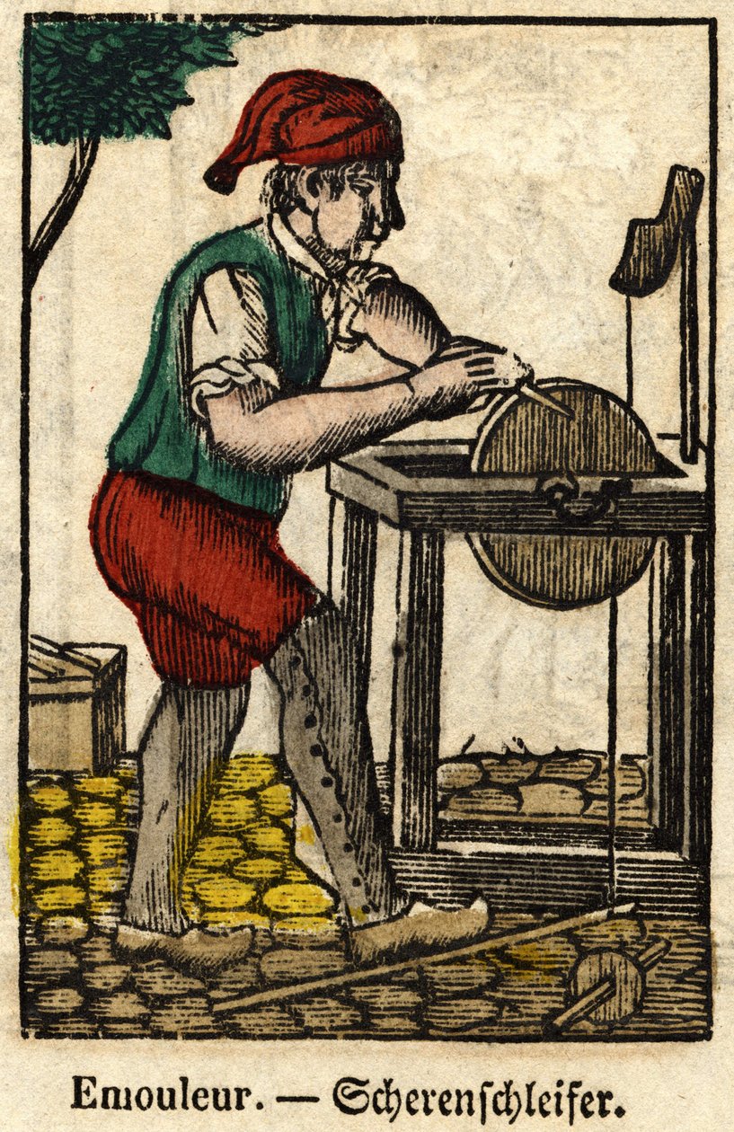 Emouleur (a tárgyak csiszolókoronggal történő élezéséből áll); Sorozat a kézművességről, a 19. századi Epinal képe. alkotó: French School