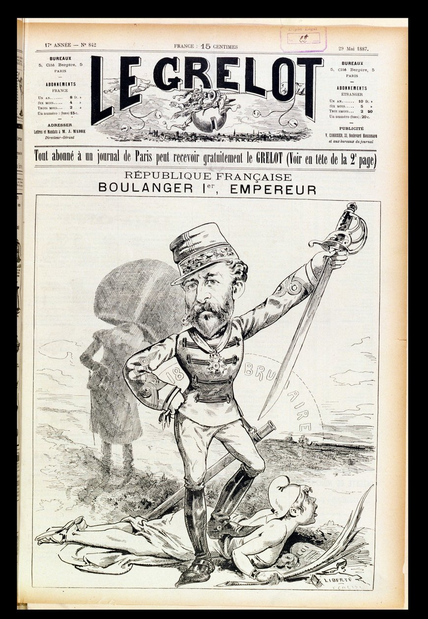 Boulanger első császár, karikatúra a Le Grelot címlapjáról, 1887. május 29. alkotó: French School
