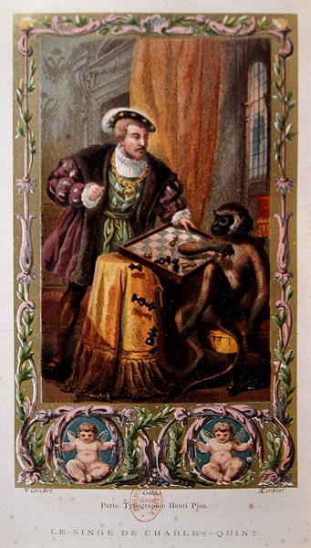 V. Károly császár és a majom, illusztráció Collin de Plancy „A hét halálos bűn legendáiból”, 1864-ben Párizsban megjelent (színes litó) alkotó: French School