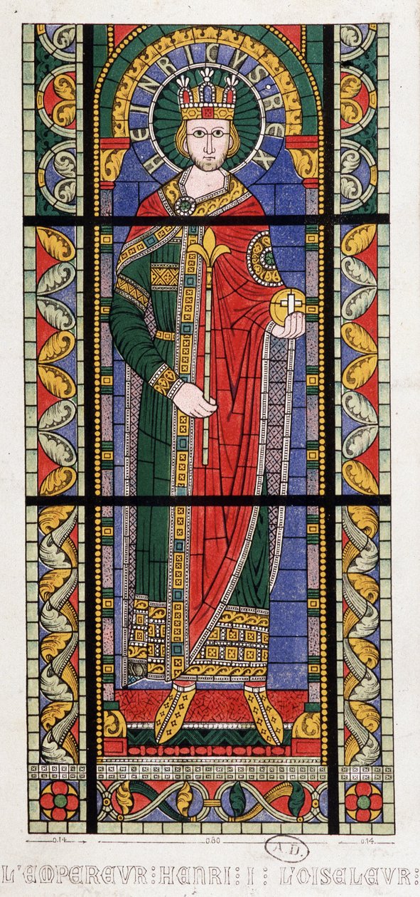Henrik császár, a madár (875-936). Egy ólomüveg ablak a Cathedrale de Strasbourgból. alkotó: French School