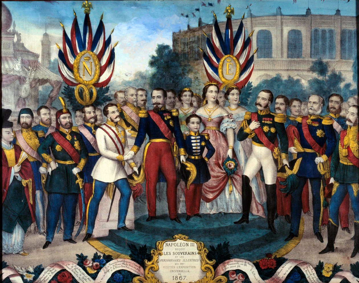 III. Napóleon császár (1808-1873) külföldi uralkodókat kapott az 1867-es egyetemes kiállításon, a 19. századi metszeten. Compiegne-i kastélymúzeum alkotó: French School