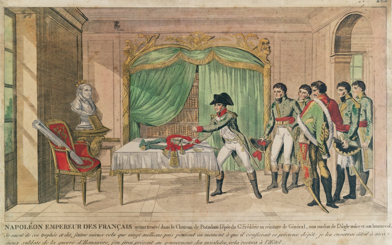 I. Napóleon császár Nagy Frigyes kardját szemléli Potsdamban 1806-ban (színes metszet) alkotó: French School