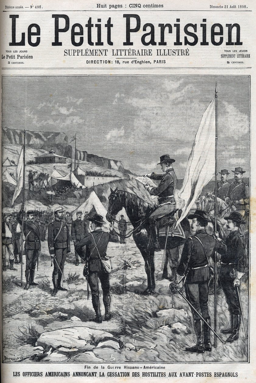 A spanyol-amerikai háború vége (American Hispano) 1898-ban. Amerikai tisztek bejelentették az ellenségeskedés beszüntetését a spanyol előőrsöknél. 1898-ból származó „” Le petit parisien”” metszet. alkotó: French School