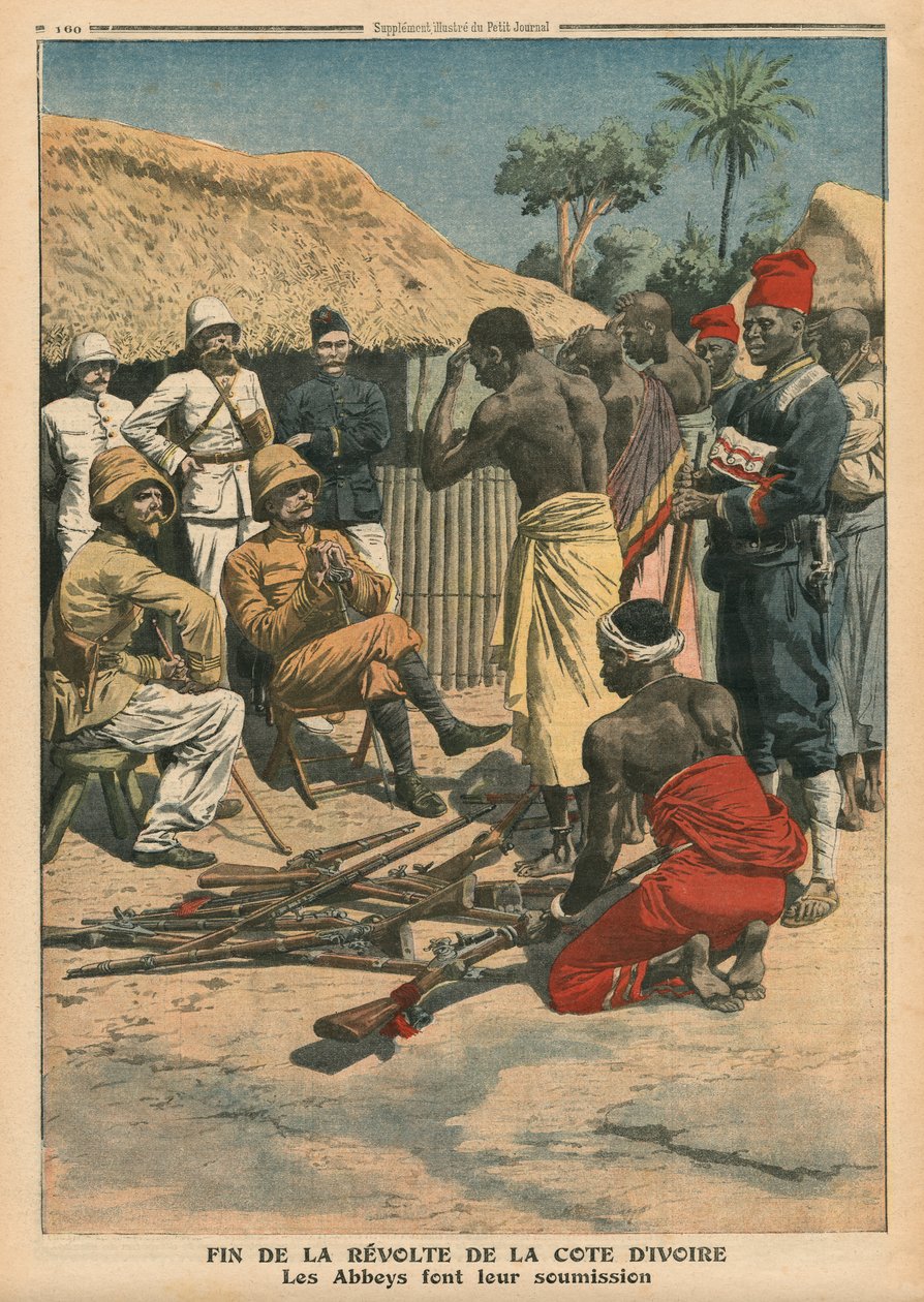 Az elefántcsontparti lázadás vége, az apátságok megadják magukat Nogues parancsnoknak, illusztráció a „Le Petit Journal”-ból, kiegészítő illusztráció, 1910. május 15. alkotó: French School