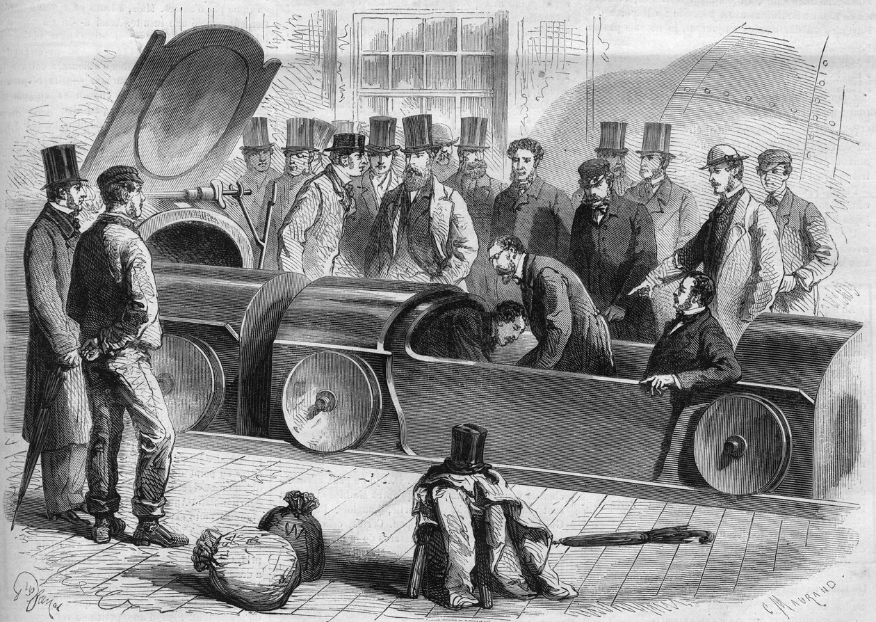 Anglia 1865: London Air Railway. Buckingham hercege és a társaság több tagja megkezdte a pneumatikus utazást. Metszet 1865-ből. alkotó: French School