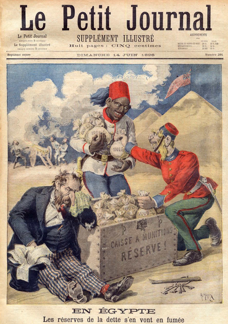 Anglia az egyiptomi adósság tartalékaira teszi a kezét egy katonai művelet finanszírozására 1896 júniusában - illusztráció a „Le Petit Journal”-ból alkotó: French School