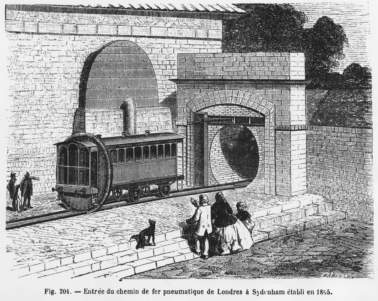 A Londonból Sydenhambe tartó pneumatikus vasút bejárata, amelyet 1865-ben alapítottak – L. Figuier „A tudomány csodái” című művében. ¿ alkotó: French School