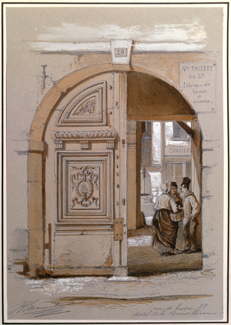 Bejárat a Hotel of the Marquise de Brinvilliers, 28 rue de Bievre, Párizs (kréta és gouache papíron) alkotó: French School
