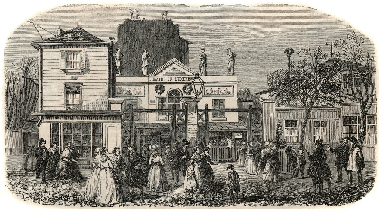A luxemburgi Bobino színház bejárata a 19. században – Edmond Texier 1852-es metszete „Tableau-de-Paris”-ban alkotó: French School