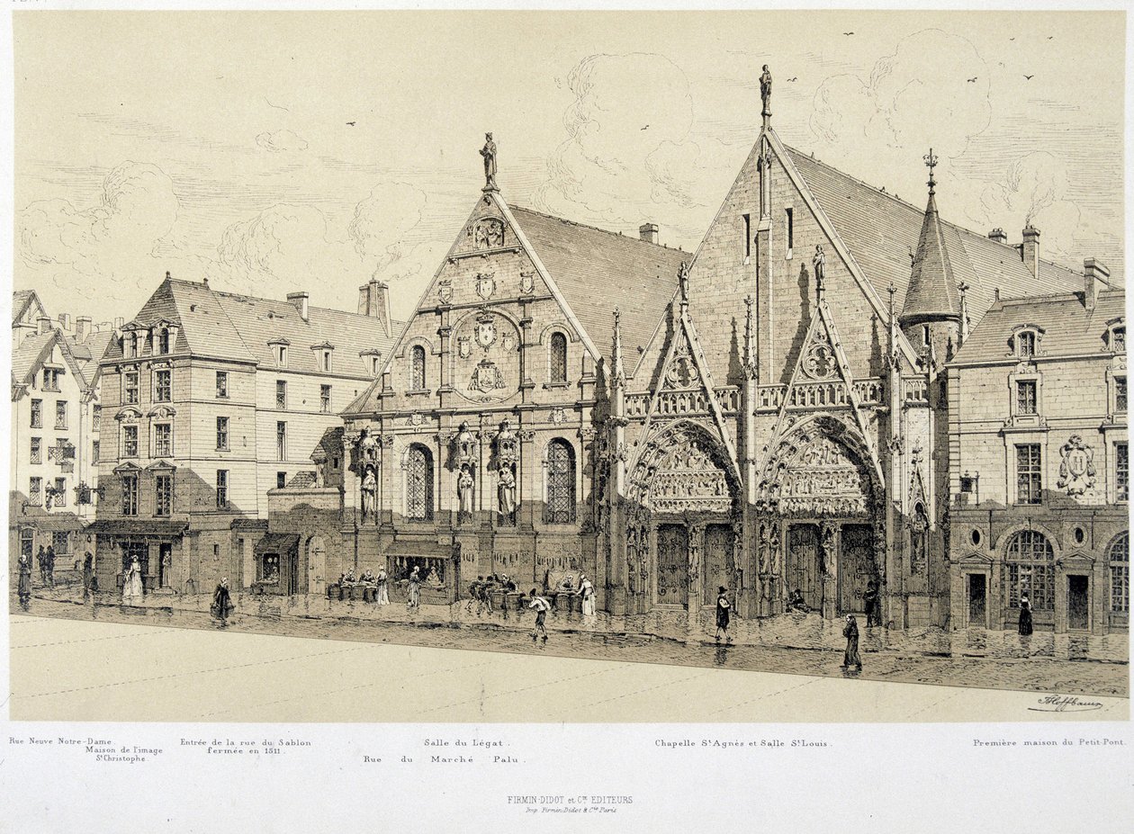 A Hotel-Dieu (Hotel Dieu) bejárata, rue du Marche Palu, 1590-ben - „Párizsban a korokon át”, 19. század vége alkotó: French School