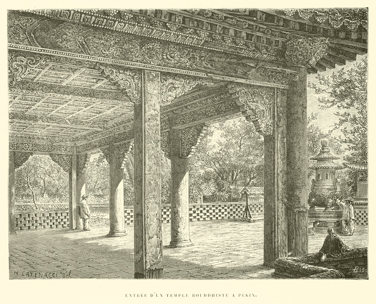 Egy buddhista templom bejárata Pekingben (metszet) alkotó: French School