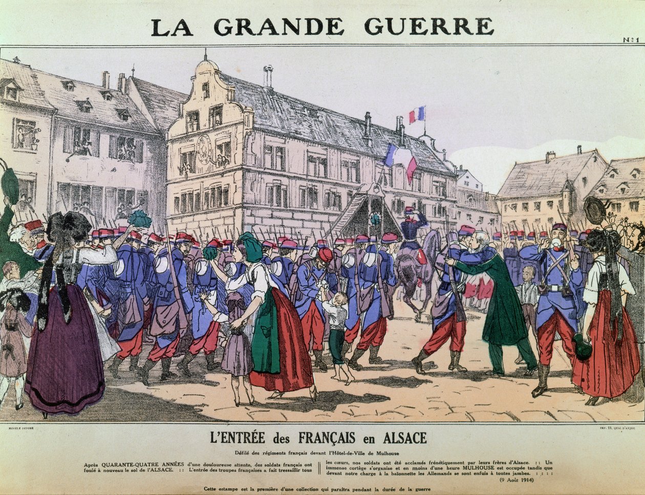 A francia hadsereg bevonulása Mulhouse-ba, Elzász, 1914. augusztus 9. (színes litó) alkotó: French School