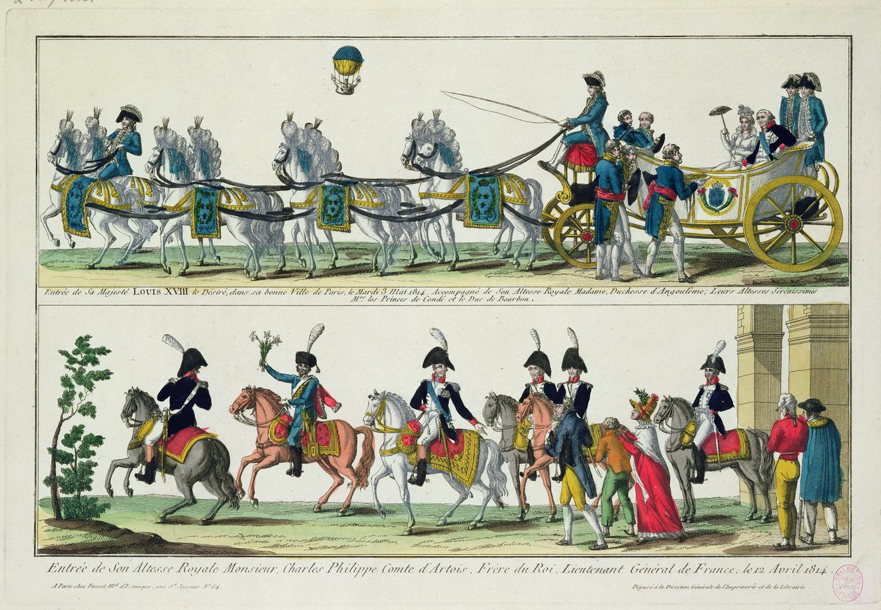 Károly, Artois grófjának Párizsba való beutazása, 1814. április 12., és XVIII. Lajos francia és navarrai király belépője Párizsba, 1814. május 3. alkotó: French School
