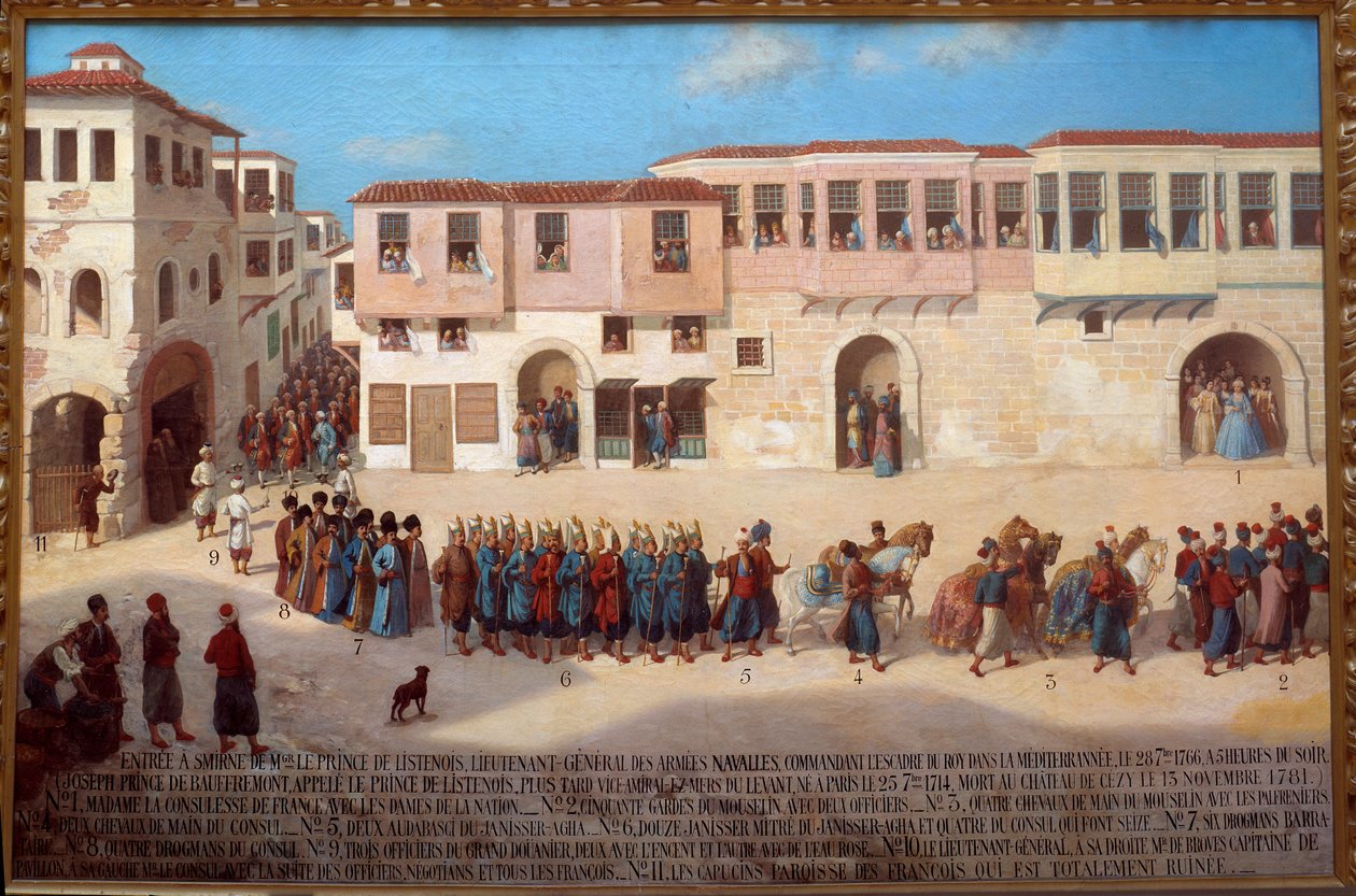 Joseph de Bauffremont admirális (1714-1781), Listenois hercegének belépése Smyrne-be 1766. 09. 28. A francia iskola festménye. 19. századi Párizs, musee de la Marine – Joseph de Bauffremont admirális (1714-1781), Listenois hercegének belépése Smyrnába alkotó: French School