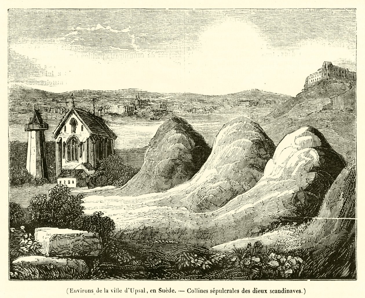 Upsal városának környéke, Svédország, a skandináv istenek sírdombjai (metszet) alkotó: French School