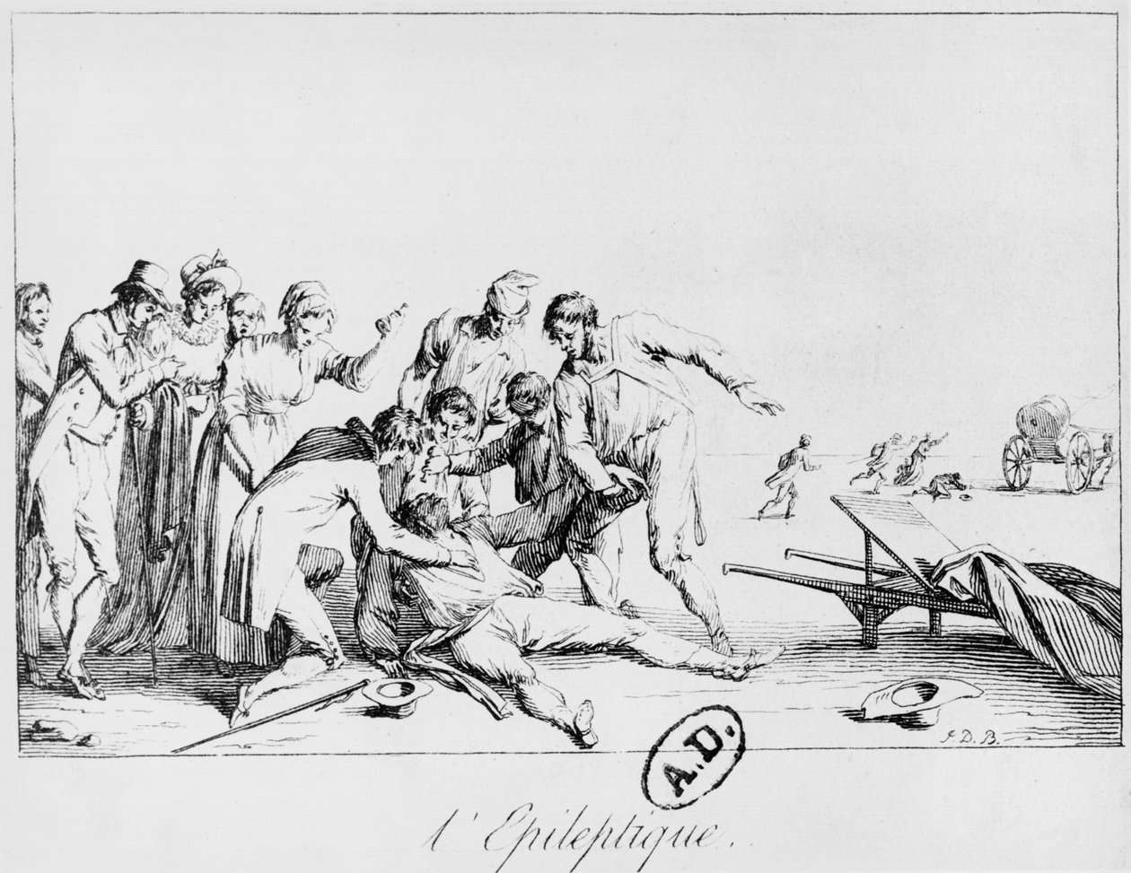 Epilepsziás roham az utcán, 1800 körül alkotó: French School