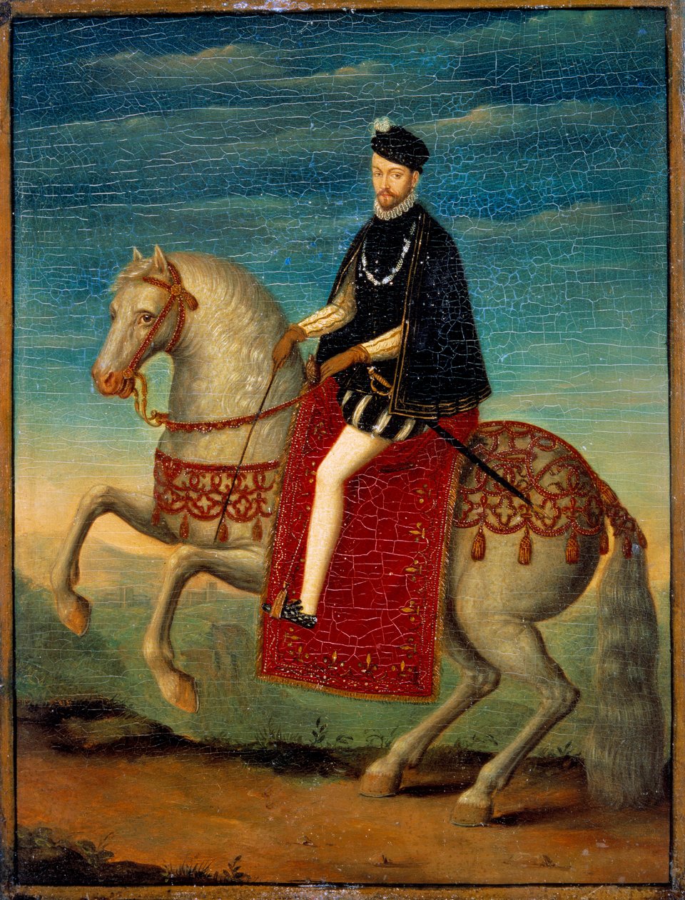 IX. Károly (1550 - 1574) lovas portréja. A francia iskola névtelen festménye alkotó: French School