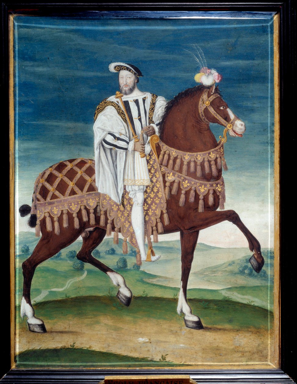 I. Francois (1494-1547), francia király lovas portréja A francia iskola névtelen festménye. 16. század. Homályos. 0,27x0,205 m. Musee Conde, Chantilly – I. Francois (1494-1547), névtelen francia király lovas portréja. A franciák festménye alkotó: French School