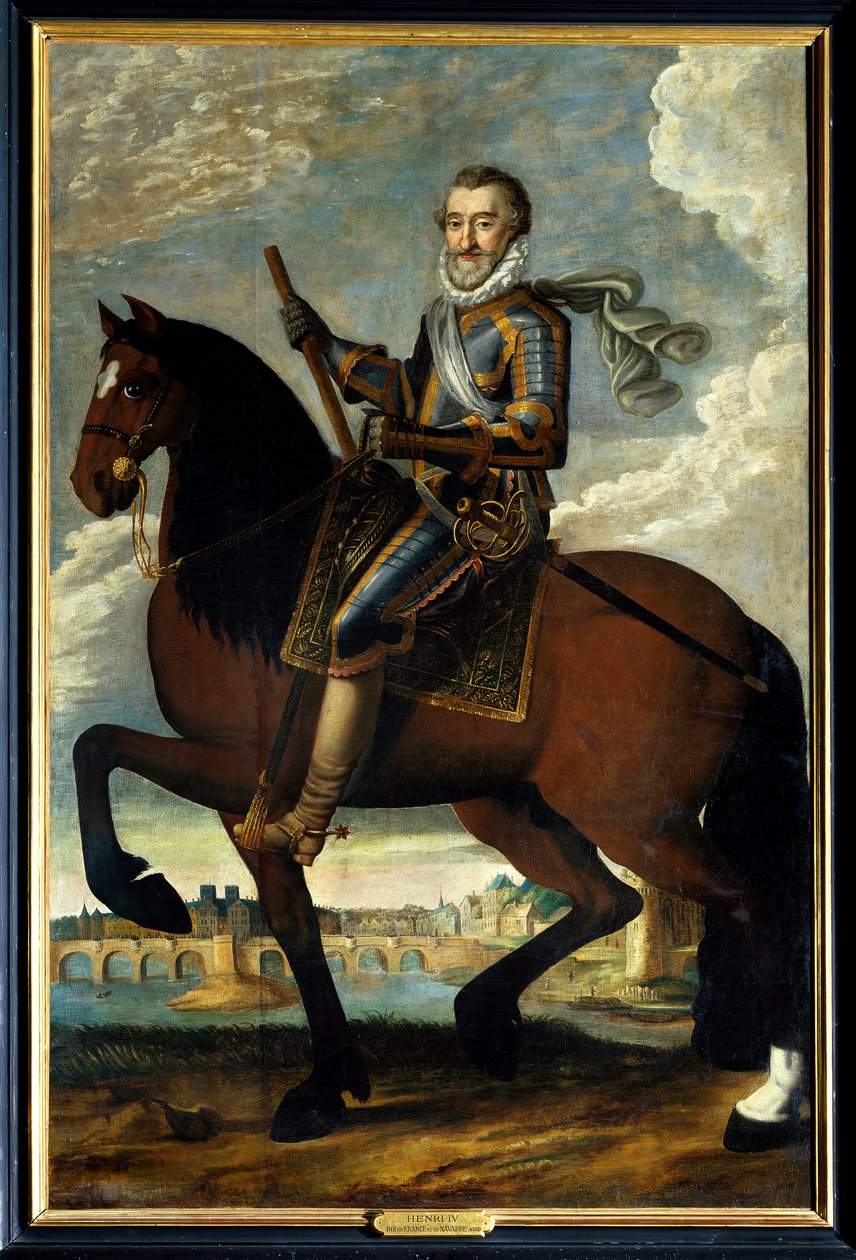 Henrik (1553-1610) francia király lovas portréja a párizsi Pont Neuf előtt. 17. századi névtelen festmény. Olajfestmény. Kötelező említés: Sully sur Loire, Chateau de Sully alkotó: French School