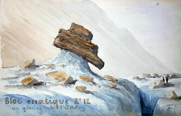 Erratic blokk no.12 az Aar-gleccsernél a svájci Alpokban (akvarell papíron) alkotó: French School