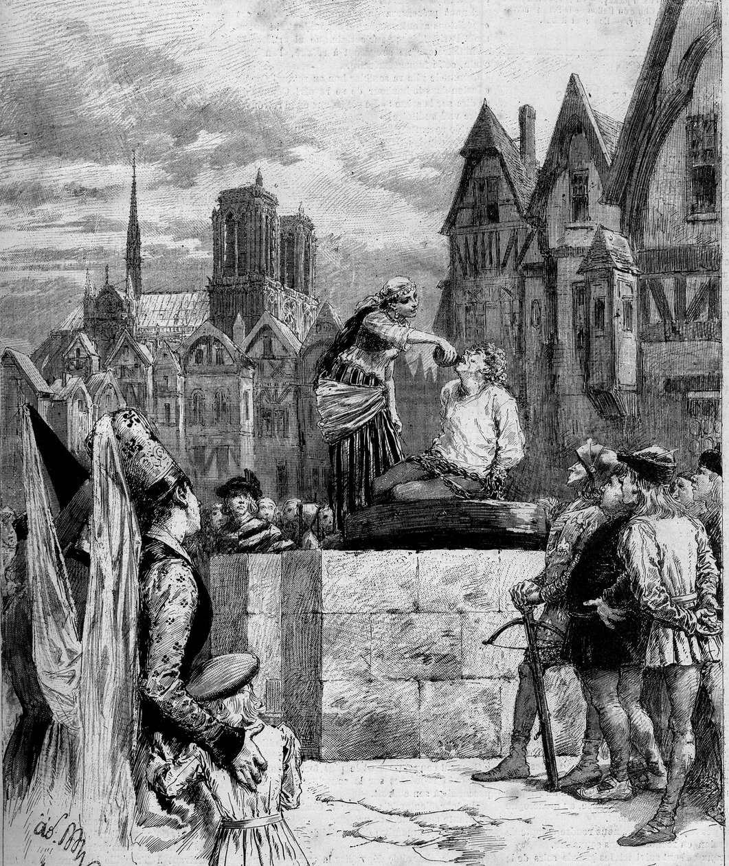 Esmeralda italt ad Quasimodo-ban a Place de Greve-en. Victor Hugo (1802-1885) „Notre Dame de Paris” illusztrációja. Metszet 1879-ből. alkotó: French School
